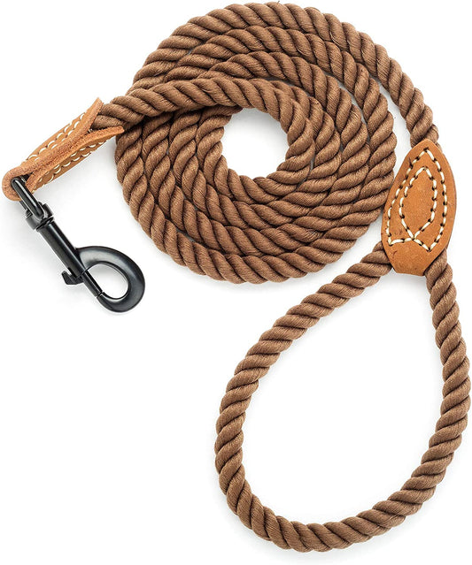 "Premium Braided Cotton Rope Dog Leash with Stylish Leather Tailor Tip - Strong and Durable | 4 Feet Long | Heavy Duty Metal Clasp | Perfect for Weddings | Dark Brown, 48 Inches"